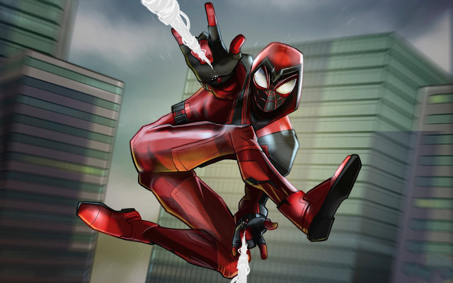 Spiderman suit sword city comic free wallpaper for desktop - medium preview image