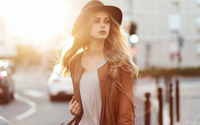 Woman hat jacket street car free wallpaper for desktop - medium preview image