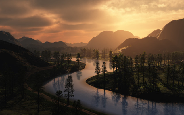 River forest mountains sunset cloudy free wallpaper for desktop - medium preview image