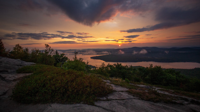 Sunset lake mountains clouds city free wallpaper for desktop - medium preview image
