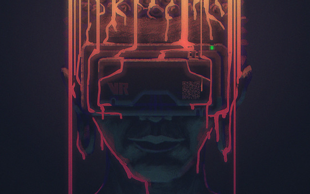 Futuristic man headpiece neon background free wallpaper for desktop - medium preview image