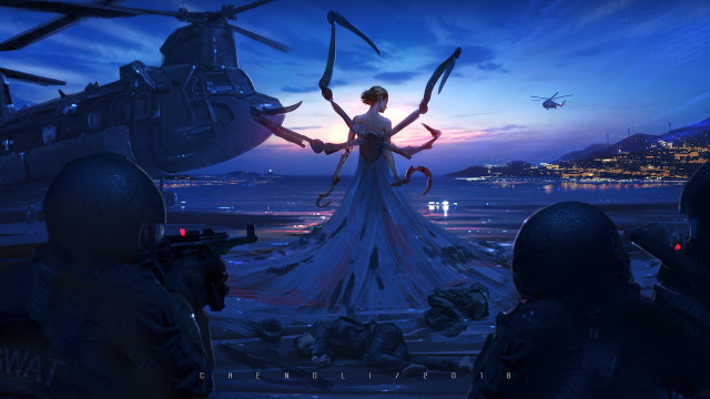 Woman helicopter night cyberpunk ship free wallpaper for desktop - medium preview image