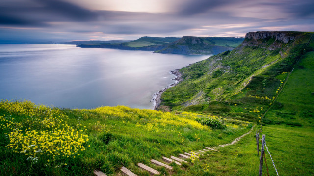 Grassy hillside stairs lake cliff #2 free wallpaper for desktop - medium preview image
