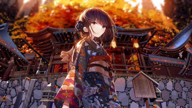 Kimono fireplace autumn leaves anime free wallpaper for desktop - medium preview image