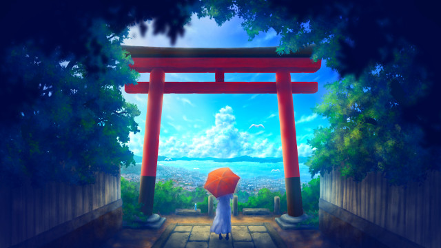 Cityscape umbrella shrine stairs nature free wallpaper for desktop - medium preview image