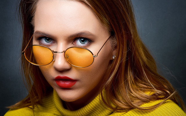 Woman glasses yellow sweater red free wallpaper for desktop - medium preview image