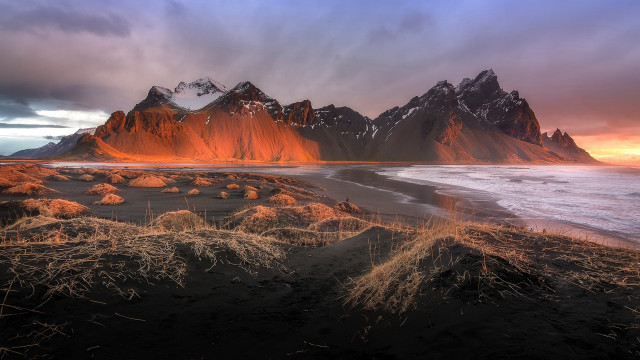 Mountain beach grass sunset cloudy free wallpaper for desktop - medium preview image