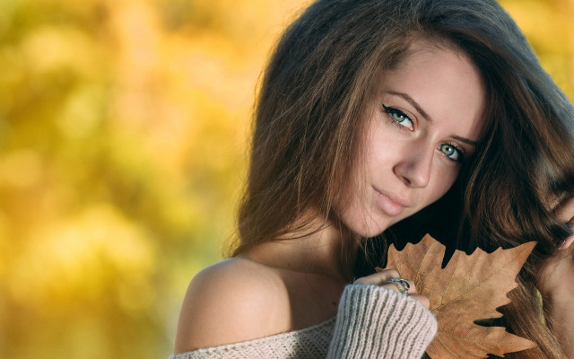 Woman leaf smile yellow background free wallpaper for desktop - medium preview image