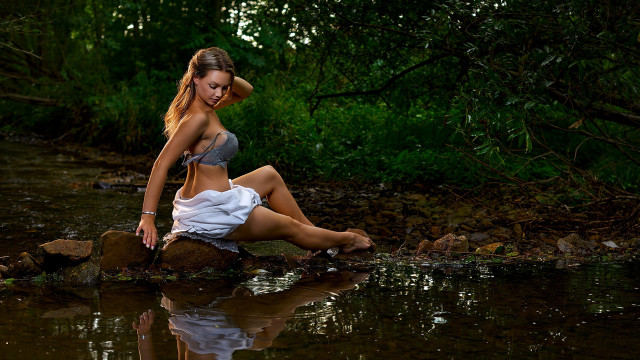 Woman white dress river forest free wallpaper for desktop - medium preview image
