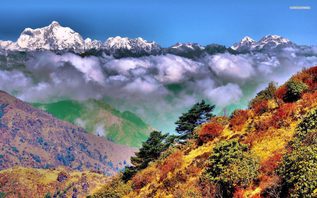 Mountain range clouds trees blue #2 free wallpaper for desktop - medium preview image