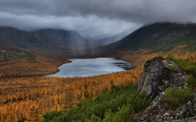Lake mountains trees cloudy sky free wallpaper for desktop - medium preview image
