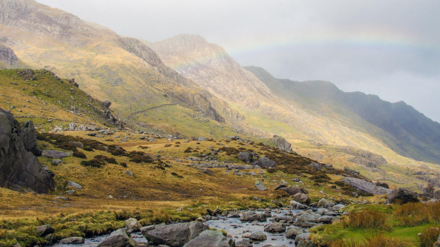 Stream lush green valley rainbow free wallpaper for desktop - medium preview image