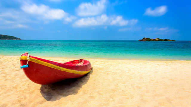 Red boat beach ocean island free wallpaper for desktop - medium preview image