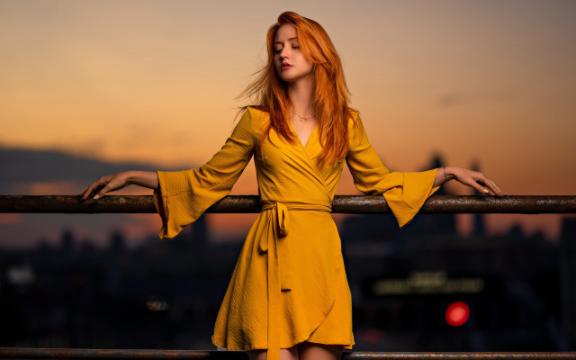 Redhead woman standing railings arms free wallpaper for desktop - medium preview image