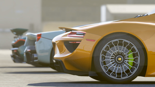 Sports cars street buildings person free wallpaper for desktop - medium preview image