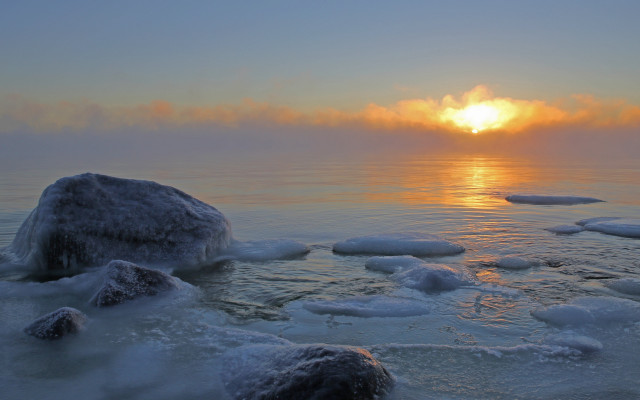 Sunset ocean ice rocks landscape free wallpaper for desktop - medium preview image
