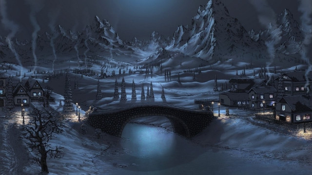 Snowy landscape bridge houses night #3 free wallpaper for desktop - medium preview image