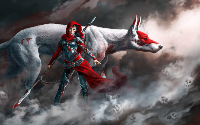 Woman red cape white wolf free wallpaper for desktop - medium preview image