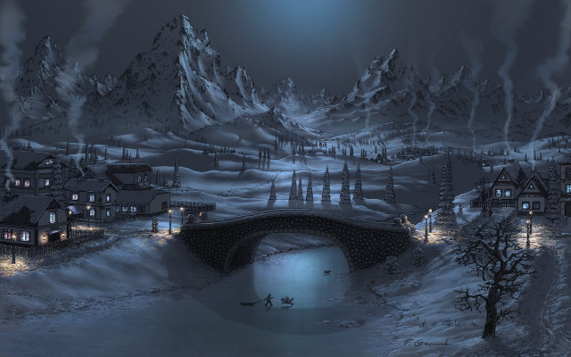 Snowy town bridge river night free wallpaper for desktop - medium preview image