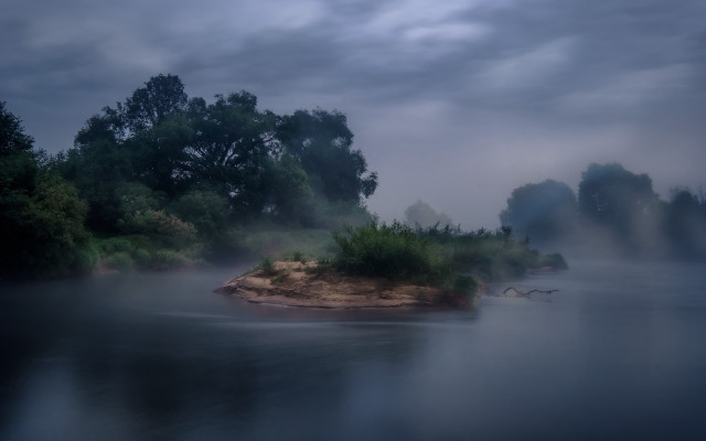 Small island lake fog forest free wallpaper for desktop - medium preview image