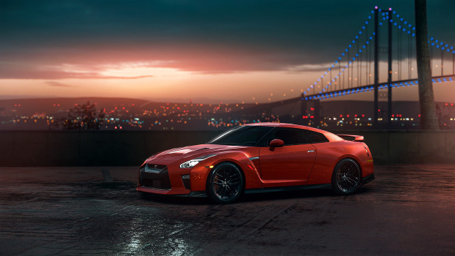 Red sports car bridge city #2 free wallpaper for desktop - medium preview image