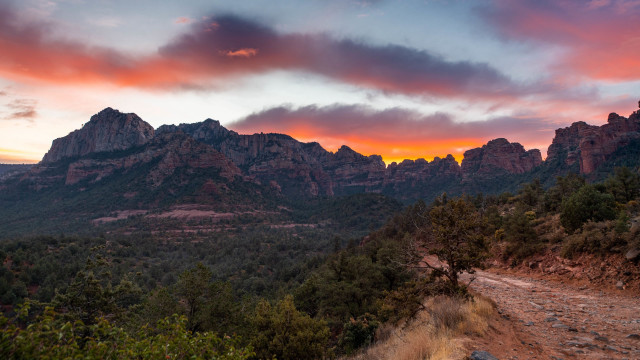 Dirt road forest mountains sunset free wallpaper for desktop - medium preview image