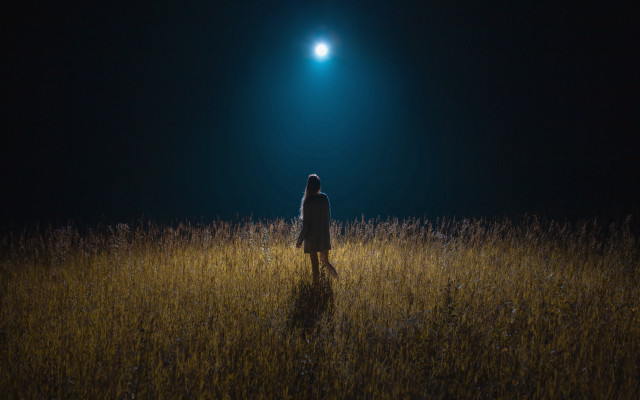 Woman field night fullmoon lensflare free wallpaper for desktop - medium preview image