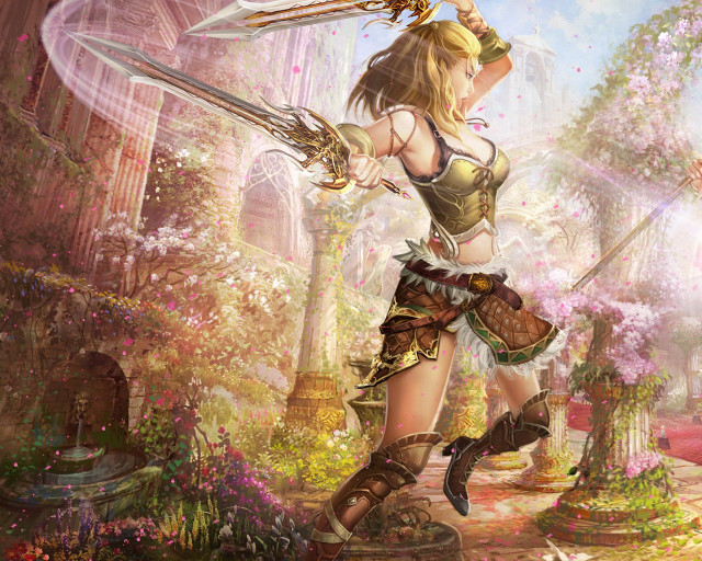 Woman sword fantasy setting flowers free wallpaper for desktop - medium preview image