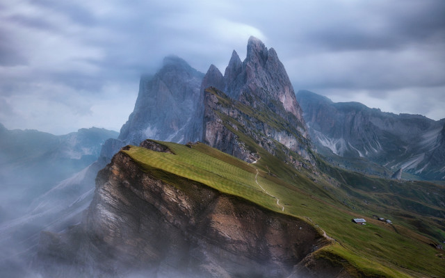 Mountain grassy field house cloudy free wallpaper for desktop - medium preview image