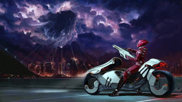 Motorcycle city night lightning storm free wallpaper for desktop - medium preview image