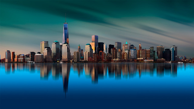 City skyline lake reflection cloudy #2 free wallpaper for desktop - medium preview image
