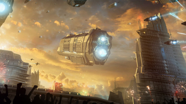 Futuristic city spaceship urban scene free wallpaper for desktop - medium preview image