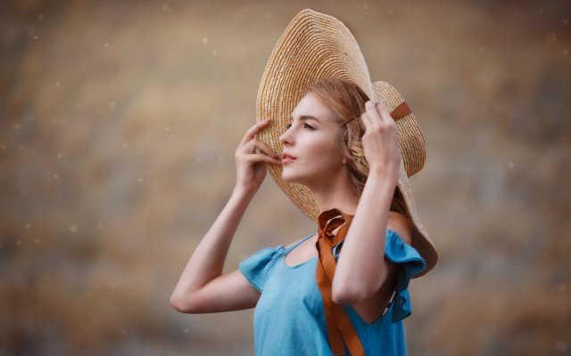 Blonde woman blue dress straw free wallpaper for desktop - medium preview image