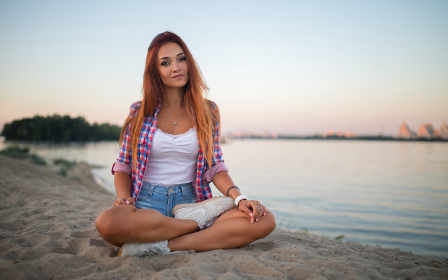 Beach sitting woman denim jewelry free wallpaper for desktop - medium preview image