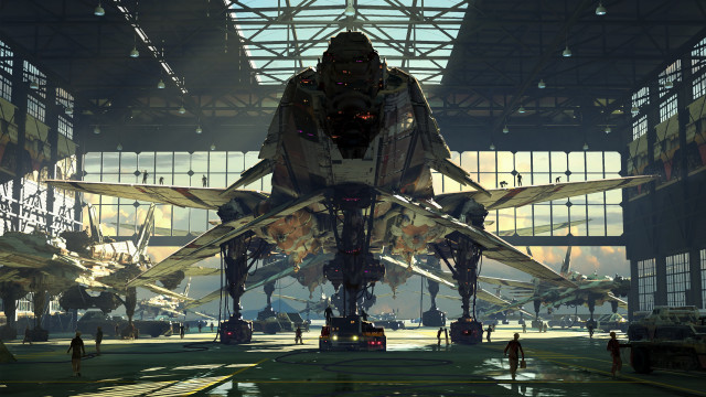 Airplane urban futuristic cityscape people free wallpaper for desktop - medium preview image