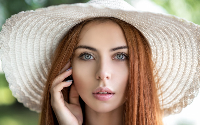 Red hair white hat cell free wallpaper for desktop - medium preview image