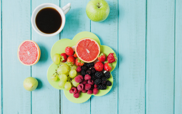 Plate fruit coffee blue table free wallpaper for desktop - medium preview image
