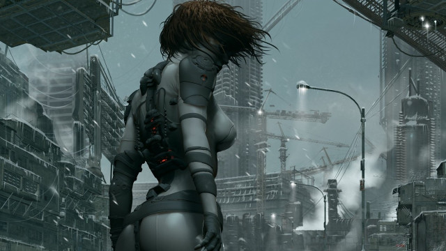Futuristic woman cityscape cyberpunk lighting free wallpaper for desktop - medium preview image