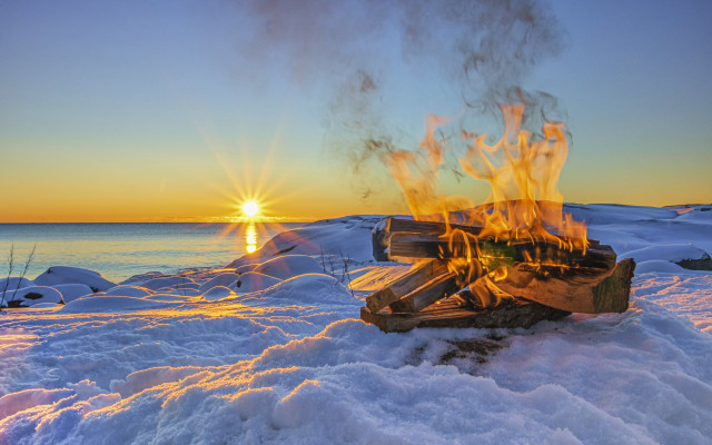 Fire pit snowy sunset water free wallpaper for desktop - medium preview image