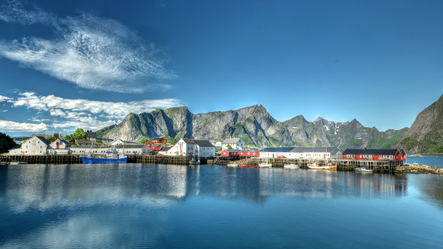 Lake boat mountains sky cityscape free wallpaper for desktop - medium preview image