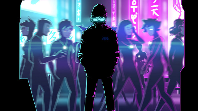 Neon cyberpunk masked man crowd free wallpaper for desktop - medium preview image