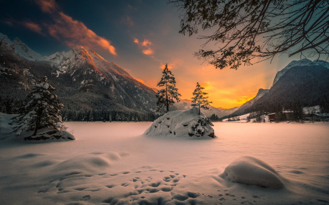 Snowy mountains sunset landscape derold free wallpaper for desktop - medium preview image