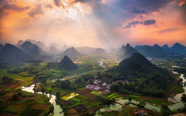 Valley mountains river sunset forest free wallpaper for desktop - medium preview image