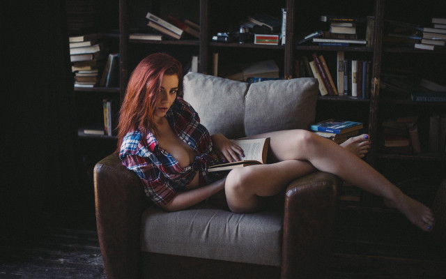 Woman couch library redhair book free wallpaper for desktop - medium preview image