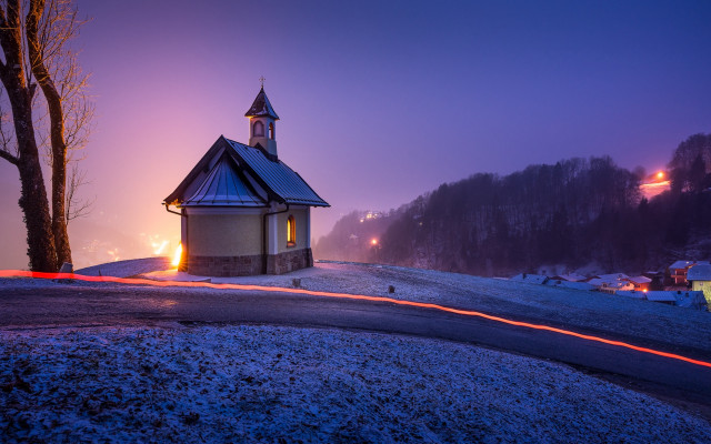 Small church hill light trail free wallpaper for desktop - medium preview image