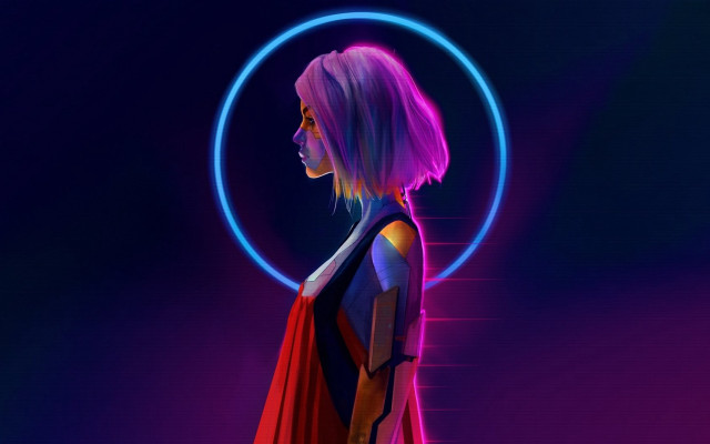 Woman red cape neon circle #2 free wallpaper for desktop - medium preview image