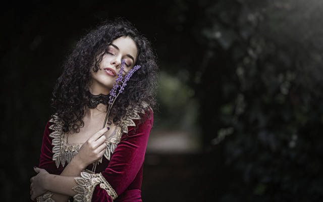 Gothic portrait curlyhair reddress flower free wallpaper for desktop - medium preview image