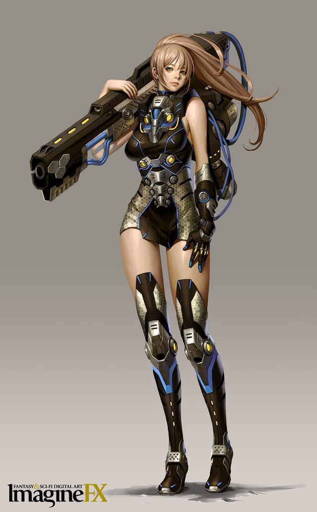 Futuristic woman suit gun case free wallpaper for mobile - medium preview image