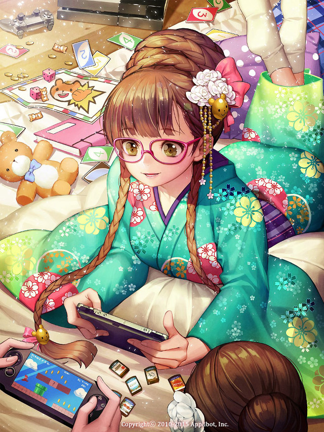 Girl kimono playing game watching free wallpaper for mobile - medium preview image