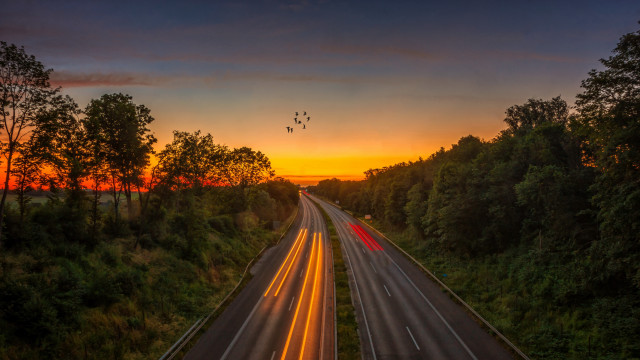 Highway sunset trees plane autumn free wallpaper for desktop - medium preview image